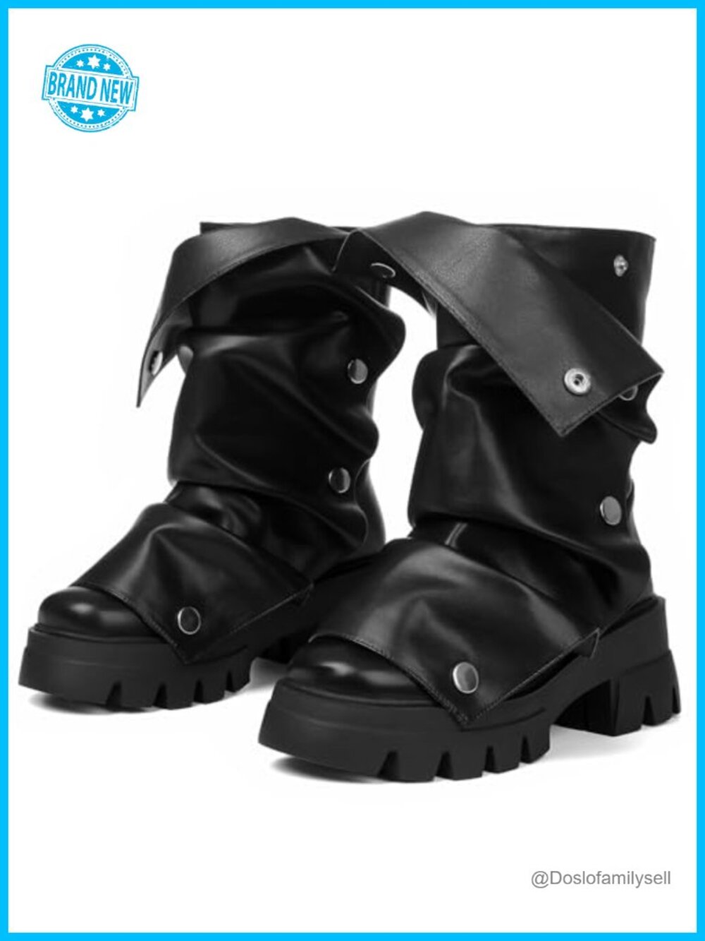 Womens Slouchy Platform Combat Boots Mid-Calf Synthetic Leather Ruched Fold-Over